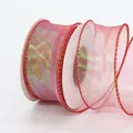 Ruban organza dégradé irisé de 4cm avec bord en fil doré sur bobine blanche classique - Rouge Irisé