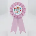 Pink glitter ribbon birthday badge with Happy Birthday text and colorful balloons - Light Pink
