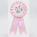 Pink satin rosette badge with golden trim and Happy Birthday balloon design - Gilded Balloon Style / Medium Pink