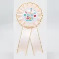 Pink Happy Birthday rosette badge with gold trim and colorful party patterns - Gilded Balloon Style / Champagne Pink