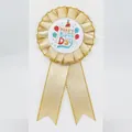 Champagne gold ribbon badge with happy birthday print and elegant satin pleated edges - Gilded Balloon Style / Luxury Gold