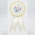 Cream birthday rosette badge with golden trim and Happy Birth Day text for parties - Gilded Balloon Style / Beige