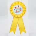 Yellow Happy Birthday rosette ribbon badge with colorful party balloon illustrations - Gilded Balloon Style / Gold Yellow