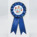 Dark blue happy birthday ribbon rosette badge with gold stitching and cartoon details - Gilded Balloon Style / Dark Blue