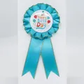Blue pleated satin ribbon birthday badge with happy birthday text and gold trim details - Gilded Balloon Style / Teal