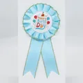 Sky blue birthday rosette ribbon with gold trim and colorful Happy Birthday balloons - Gilded Balloon Style / Sky Blue