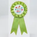 Lime green Happy Birthday ribbon badge with gold edges and festive balloon graphics - Gilded Balloon Style / Army Green