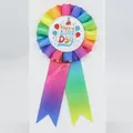 Rainbow gradient rosette badge with Happy Birthday text and colorful ribbon streamers - Rainbow