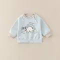 Hellblaues Baby-Baumwoll-Sweatshirt mit Dinosaurier-Stickerei und Knöpfen am Kragen - Oberteile / Blau / 73cm