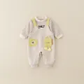 Baby boy two-piece set featuring striped long sleeve top and beige cartoon frog overalls - 73 / Apricot (Set)