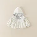 Beige floral hooded jacket for toddler girls with lace trim and bow accents - 90cm / Blue