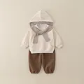 Toddler beige hooded sweatshirt with striped scarf and brown joggers two-piece set - 90cm / Apricot (Set)
