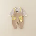 Baby boy striped long sleeve top and brown overalls set with cartoon frog detail - 73 / Khaki (Set)
