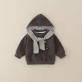 Deep brown baby hoodie set with striped shawl collar and hooded design for spring - 90cm / Gray (Top)