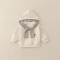 Kids beige hooded sweatshirt featuring a classic black and white striped shawl accessory - Apricot (Top)