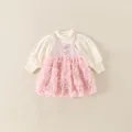 Pink tweed dress set with long sleeves and 3D mesh rose skirt for baby girl - 90 / Pink & Rice White