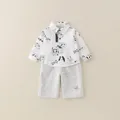 Boys white cotton cartoon dog print long sleeve shirt and grey casual pants set - 80cm / White (2-Piece Set)