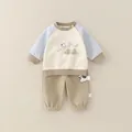 Ensemble mignon deux pièces pour bébé garçon en coton avec broderie chiot et manches raglan - 73cm / Marron