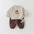 Completo neonato beige con ricamo casa e pantaloni marroni coordinati per bimbo - 73cm / Caffè (Cavallo chiuso)