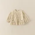 Toddler girl floral cardigan in beige cotton with cute print and vintage buttons - 90cm / Khaki