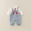 Blue baby overall set with white long-sleeve shirt featuring cute apple clock embroidery - 73 / Blue