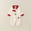 Completo due pezzi in cotone per neonati bianco avorio con bordi rossi e ricami - 73 / Bianco avorio