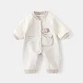 Infant cotton romper with lion embroidery and 'Remember That You're A Flower Too' print - 66 / Beige Grey