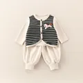Toddler boy 3-piece set with striped vest, cream long sleeve shirt and pants - 73cm / Beige