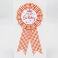 Orange and white plaid ribbon birthday rosette badge with Crown and It's My Birthday text - Crown Style(BH-198) / Orange Red