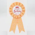 Orange plaid rosette birthday badge featuring It's My Birthday text and a crown - Crown Style(BH-198) / Orange
