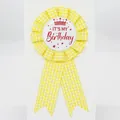 Yellow gingham award ribbon rosette badge with IT'S MY Birthday print and crown - Crown Style(BH-198) / Lemon Yellow