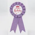 Purple gingham rosette birthday badge with red It's My Birthday text and crown icon - Crown Style(BH-198) / Purple