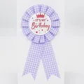Purple checkered ribbon birthday badge with It's My Birthday crown design - Crown Style (013) / Violet