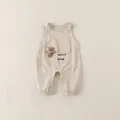 Beige baby overall set with cute bear doll and Hello Bear embroidery detail - 73 / Beige Suspender Overalls