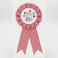 Red and white checkered birthday ribbon badge with Happy Birthday greeting design - Balloon Style (002) / Red