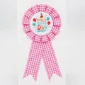 Pink checkered rosette award badge with happy birthday print for parties - Balloon Style (015) / Hot Pink