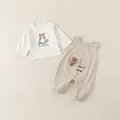 Infant two-piece set with cream long sleeve bear tee and khaki overall trousers - 73 / Beige Top And Pants