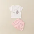 Cute girls summer set with white lace t-shirt and pink shorts featuring cherry applique - Pink / 80cm