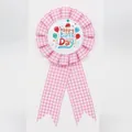 Pink and white checkered ribbon rosette badge with Happy Birthday balloon design - Balloon Style (001) / Pink