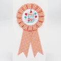 Orange checkered ribbon birthday rosette badge featuring colorful party balloon graphics - Balloon Style (004) / Orange Red