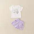Mädchen Sommer-Set mit weißem Spitzen-T-Shirt mit Herz und lila Shorts mit Kirsch-Stickerei - Lila / 80cm