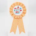 Orange checkered ribbon badge with Happy Birthday tinplate button and colorful balloons - Balloon Style (016) / Light Orange