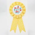 Yellow and white checkered ribbon birthday tin badge with Happy Birthday balloon design - Balloon Style (022) / Gold Yellow
