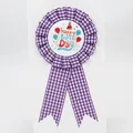 Purple gingham pleated ribbon badge with a colorful Happy Birthday center design - Balloon Style(BH-198) / Purple