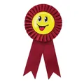 Red pleated award ribbon badge featuring a bright yellow smiley face for kids' parties - Smile Face Style / Burgundy