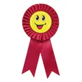 Award ribbon badge with a yellow cartoon smiley face and vibrant red pleated silk trim - Smile Face Style / Deep Rose Red