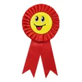 Red award ribbon rosette with a yellow smiley face badge for children parties - Smile Face Style / Red