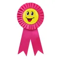 Pink rosette ribbon award with yellow smiley face button for kids' parties and events - Smile Face Style / Rose Red