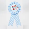 Blue gingham rosette ribbon badge with Happy Birthday print and decorative streamers - Balloon Style(021) / Sky Blue