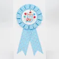 Blue and white checkered ribbon birthday badge with Happy Birth Day printed text - Balloon Style(007) / Teal